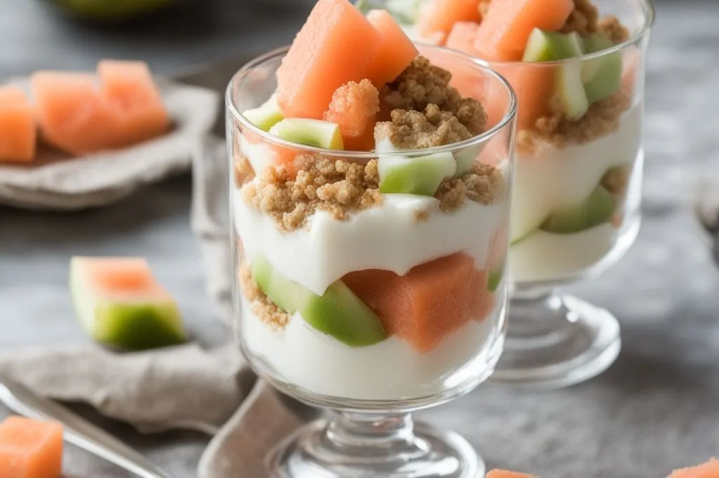 Bicchierini di yogurt greco e melone al